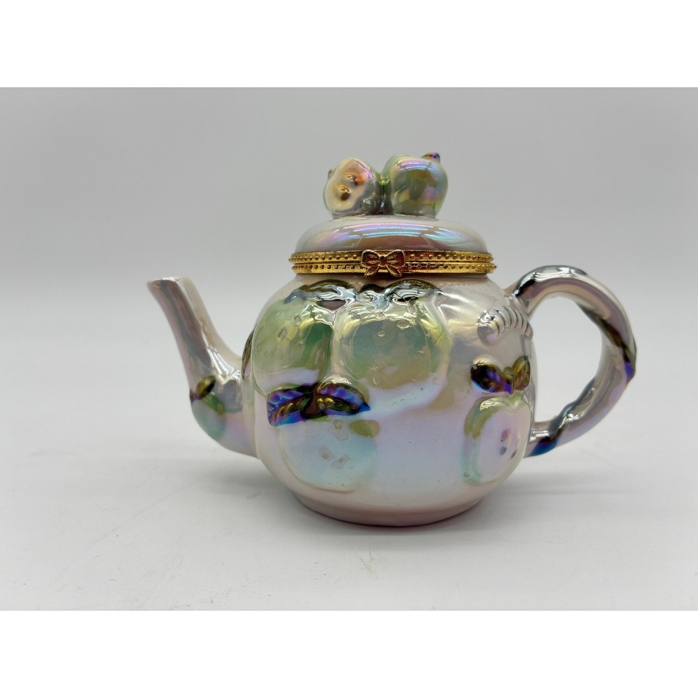 Vintage Iridescent Ceramic Tea Pot Trinket Box Apple Design‎ Gold Accents Decor